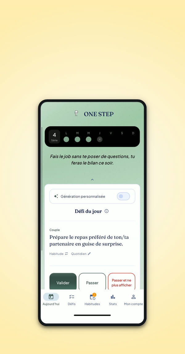 ONE STEP – défi du jour avec les boutons Valider, Passer et Passer et ne plus afficher