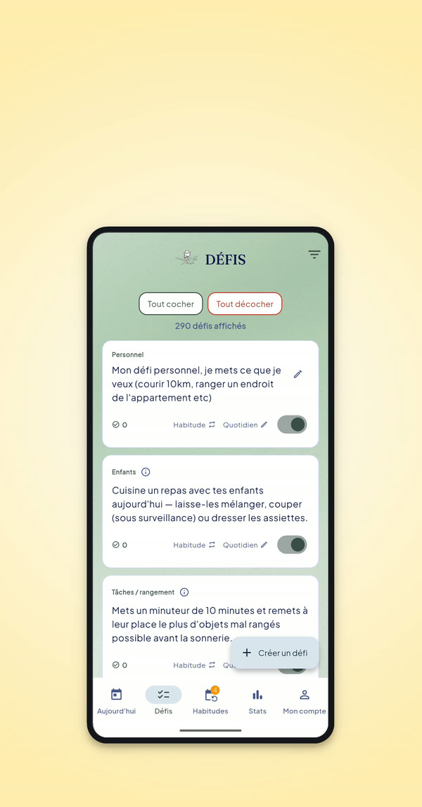 ONE STEP – onglet Défis : liste des défis et défis personnels