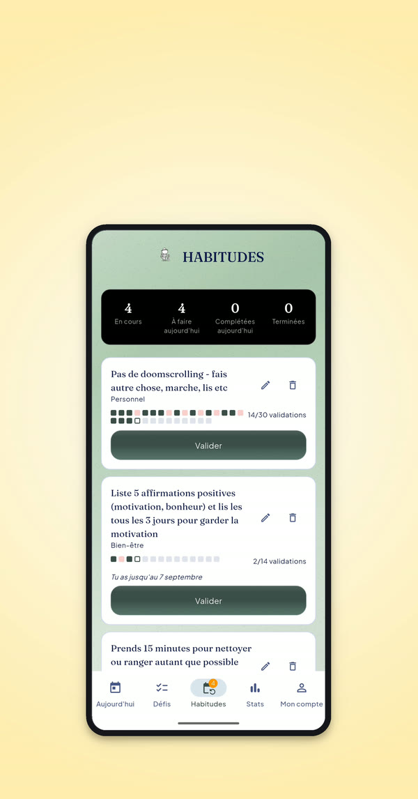 ONE STEP – onglet Habitudes avec le suivi des validations