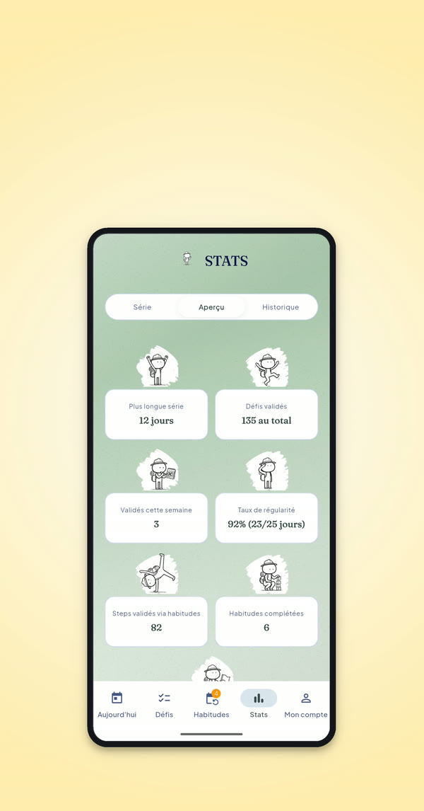 ONE STEP – onglet Stats : plus longue série, défis validés, taux de régularité